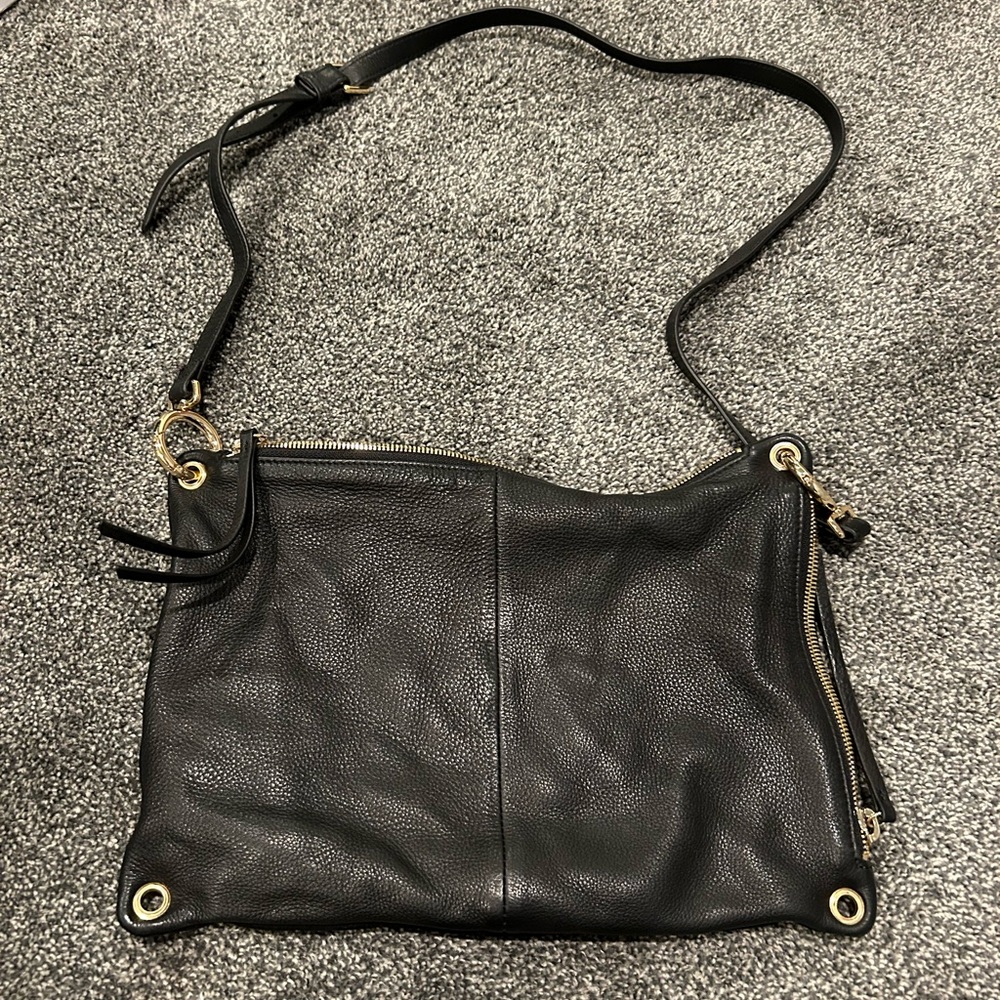 Margot black leather and suede crossbody with gold detail